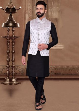 Black Readymade Kurta & Woven Nehru Jacket 
