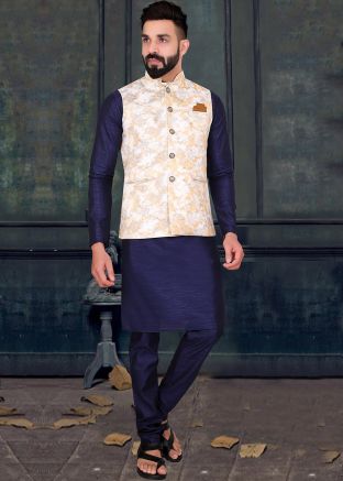 Blue Readymade Kurta With Woven Nehru Jacket 