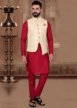 Maroon Readymade Kurta With Nehru Jacket 