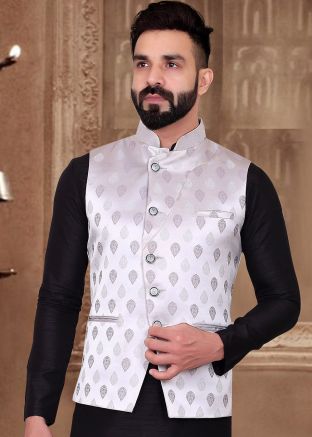 Silver Readymade Woven Nehru Jacket 