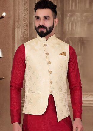 Cream Jacquard Readymade Nehru Jacket
