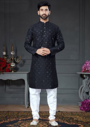 Blue Cotton Silk Mens Kurta Pajama With Mirror Work