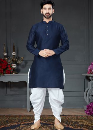 Blue Readymade Dhoti & Kurta With Woven Motifs