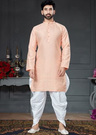 Peach Jacquard Silk Woven Kurta & Dhoti For Men
