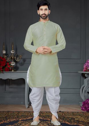 Green Jacquard Silk Dhoti & Kurta With Woven Theme