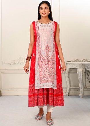 Readymade Red & White Printed Twin Layared Kurta