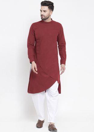 Maroon Asymmetric Style Kurta Pajama In Cotton