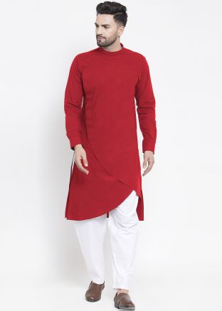 Readymade Red Kurta Pajama Set In Asymmetric Style