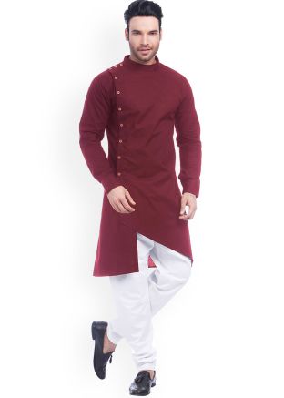 Maroon Asymmetric Kurta & Pajama For Men