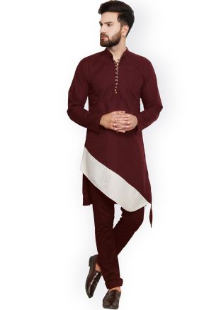 Maroon Readymade Cotton Asymmetric Kurta & Pajama