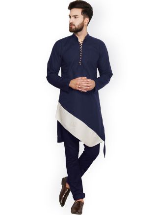 Navy Blue Asymmetric Style Mens Kurta & Pajama