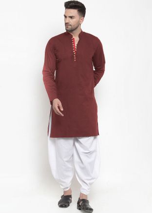 Maroon Readymade Kurta & Dhoti In Cotton