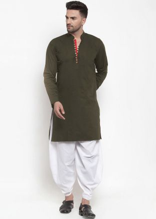 Green Readymade Kurta Dhoti Set In Cotton