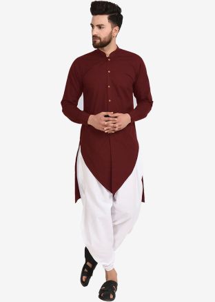 Maroon Asymmetric Cotton Kurta & Dhoti