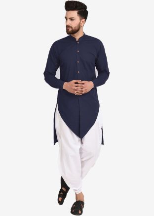 Blue Asymmetric Cotton Kurta & Dhoti