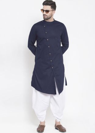 Blue Cotton Asymmetric Kurta Dhoti Set