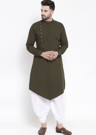 Green Asymmetric Kurta Doti Set In Cotton