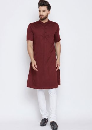 Maroon Readymade Cotton Kurta Pajama