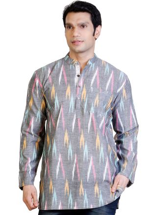 Grey Mens Printed Short Kurta In Cotton
