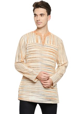Cream Cotton Mens Short Kurta With Print Motifs