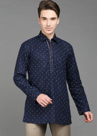Blue Cotton Short Kurta With Print Motifs