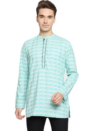Blue Readymade Cotton Printed Short Kurta