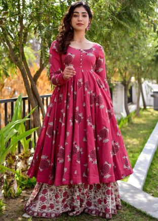 Pink Readymade Cotton Anarkali Kurta In Digital Print