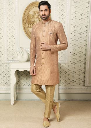Beige Art Silk Embroidered Indo Western Sherwani