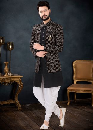 Black Silk Indo Western Sherwani Set With Dhoti