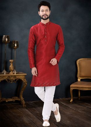 Red Embroidered Kurta Pajama In Silk