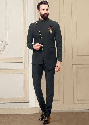 Readymade Green Asymmetric Bandhgala Jodhpuri Suit