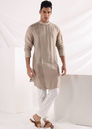Beige Mens Beaded Silk Kurta & Pajama Set