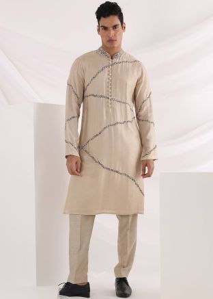 Beige Sequin & Beads Embroidered Silk Kurta Pajama