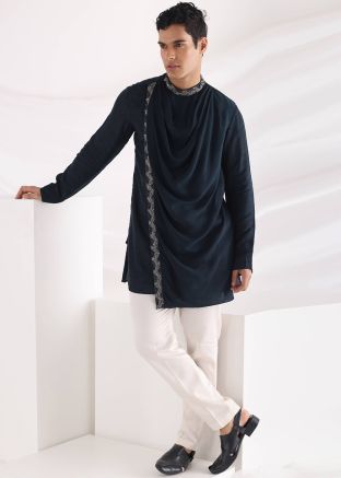 Blue Cowl Style Asymmetric Kurta Pajama Set