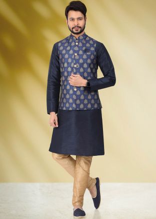 Blue Readymade Kurta Pajama & Nehru Jacket