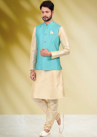 Cream Readymade Kurta Pajama & Printed Jacket