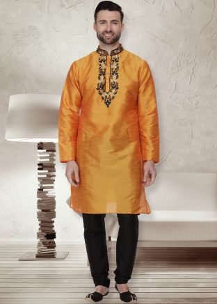 Orange Readymade Dupion Silk Kurta Pajama