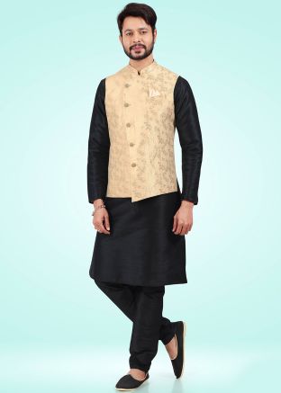 Black Kurta Churidar With Golden Nehru Jacket