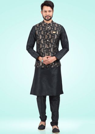 Readymade Black Kurta Pajama With Woven Nehru Jacket