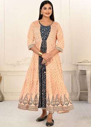 Blue Printed Jacket Style Kurta In Cotton