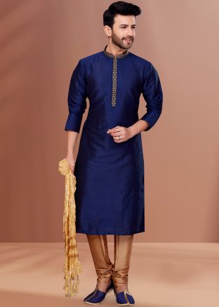 Blue Embroidered Kurta Pajama Set In Dupion Silk