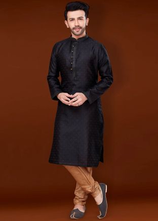 Black Mens Kurta Pajama In Woven Work
