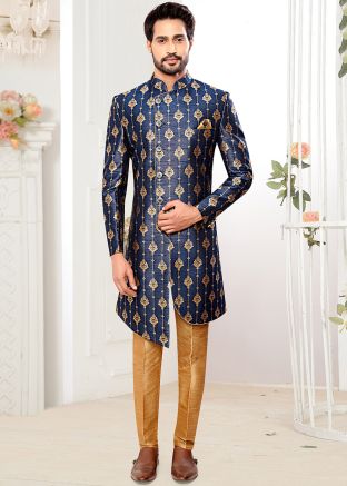 Blue Asymmetric Indo Western Sherwani Set