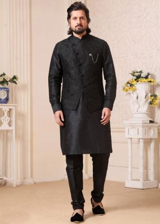 Black Readymade Kurta Pajama With Embroidered Jacket