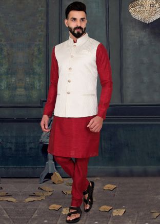 White Woven Mens Jacquard Nehru Jacket