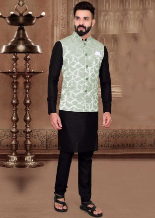 Green Festive Nehru Jacket In Woven Work