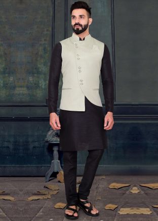 Black Mens Kurta & Woven Asymmetric Nehru Jacket