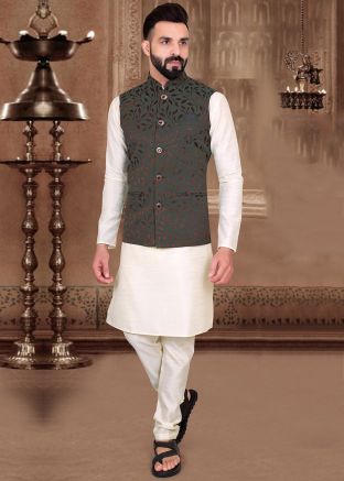 Cream Readymade Kurta With Woven Jacket