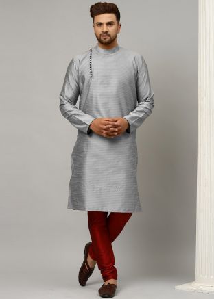 Grey Woven Dupion Silk Kurta Pajama