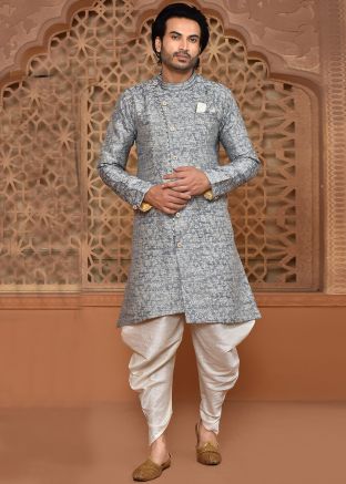 Grey Indowestern Sherwani In Woven Work
